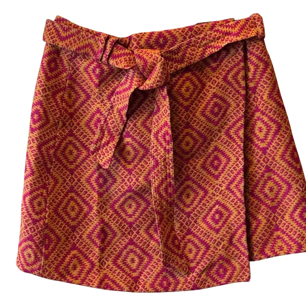 Size‎ 4 Anthroplogie  Pink Orange Geometric Diamond Wrap Mini Skirt w/ Belt NEW